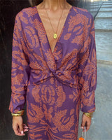 Women's Maxi Dress Long Sleeve with Deep V-Neck and Twist Waist Knot