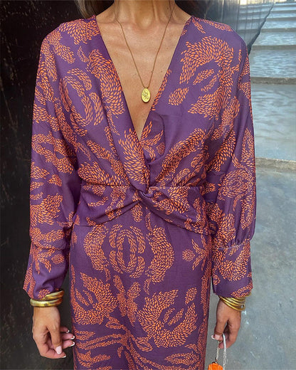 Women's Maxi Dress Long Sleeve with Deep V-Neck and Twist Waist Knot