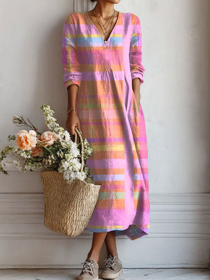 Women's Maxi Dress Long Sleeve with V-Neck and Colorful Plaid Print