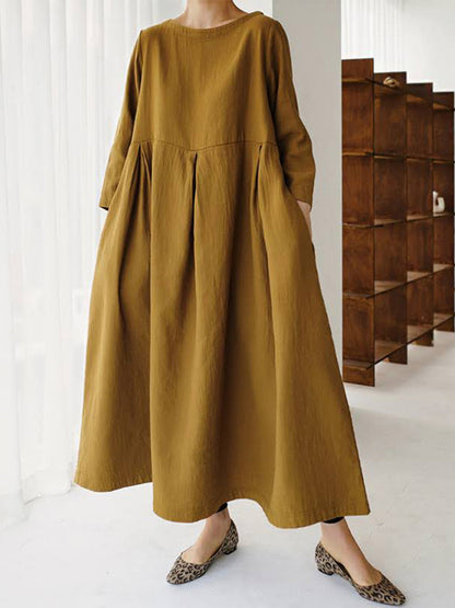 Women's Maxi Dress Three-Quarter Sleeve Round Neck Oversized A-Line with Pockets