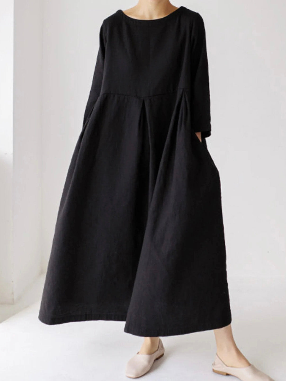 Women's Maxi Dress Three-Quarter Sleeve Round Neck Oversized A-Line with Pockets