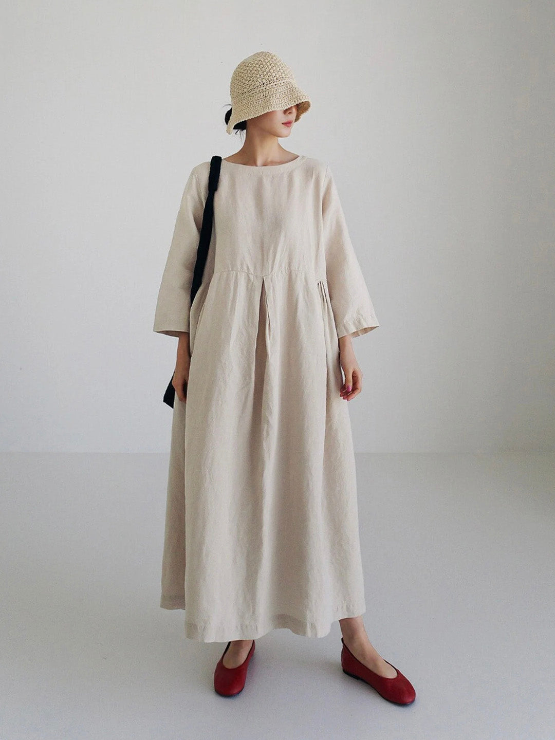 Women's Maxi Dress Three-Quarter Sleeve Round Neck Oversized A-Line with Pockets