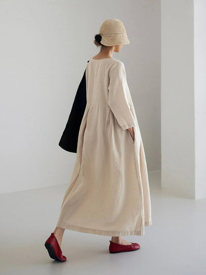 Women's Maxi Dress Three-Quarter Sleeve Round Neck Oversized A-Line with Pockets