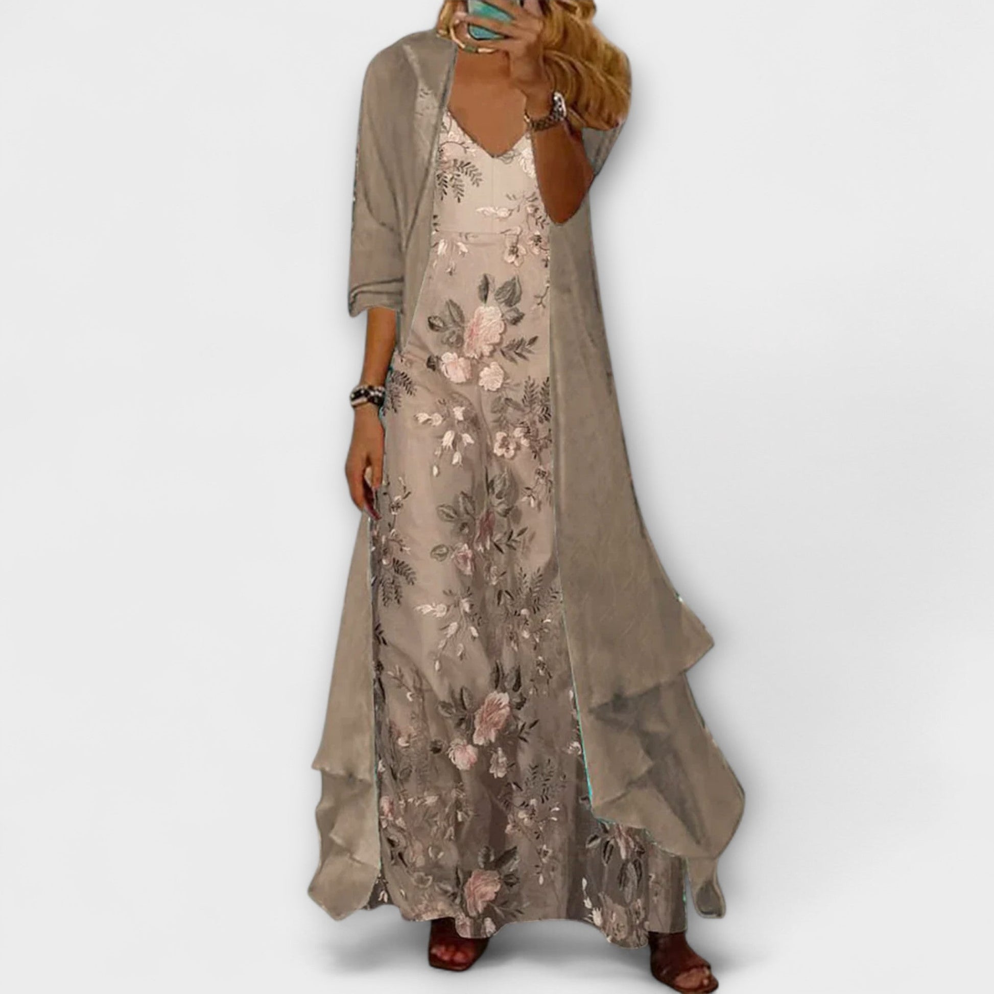 Women's Maxi Dress Two-Piece Set with Floral Print and Long Cardigan