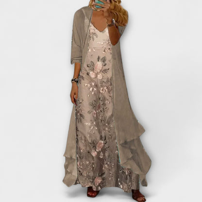 Women's Maxi Dress Two-Piece Set with Floral Print and Long Cardigan