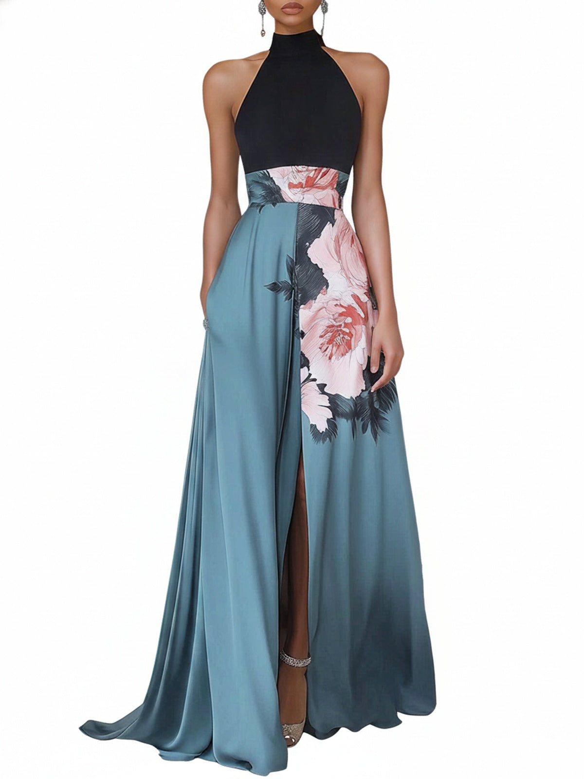 Women's Maxi Dress with Halter Neck, Floral Print and A-Line Slit Skirt