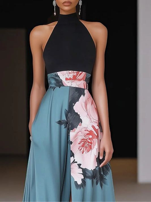 Women's Maxi Dress with Halter Neck, Floral Print and A-Line Slit Skirt