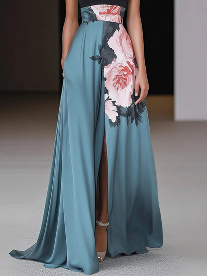 Women's Maxi Dress with Halter Neck, Floral Print and A-Line Slit Skirt