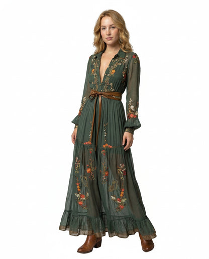 Women's Maxi Dress with Long Sleeves, Deep V-Neck and Floral Embroidery