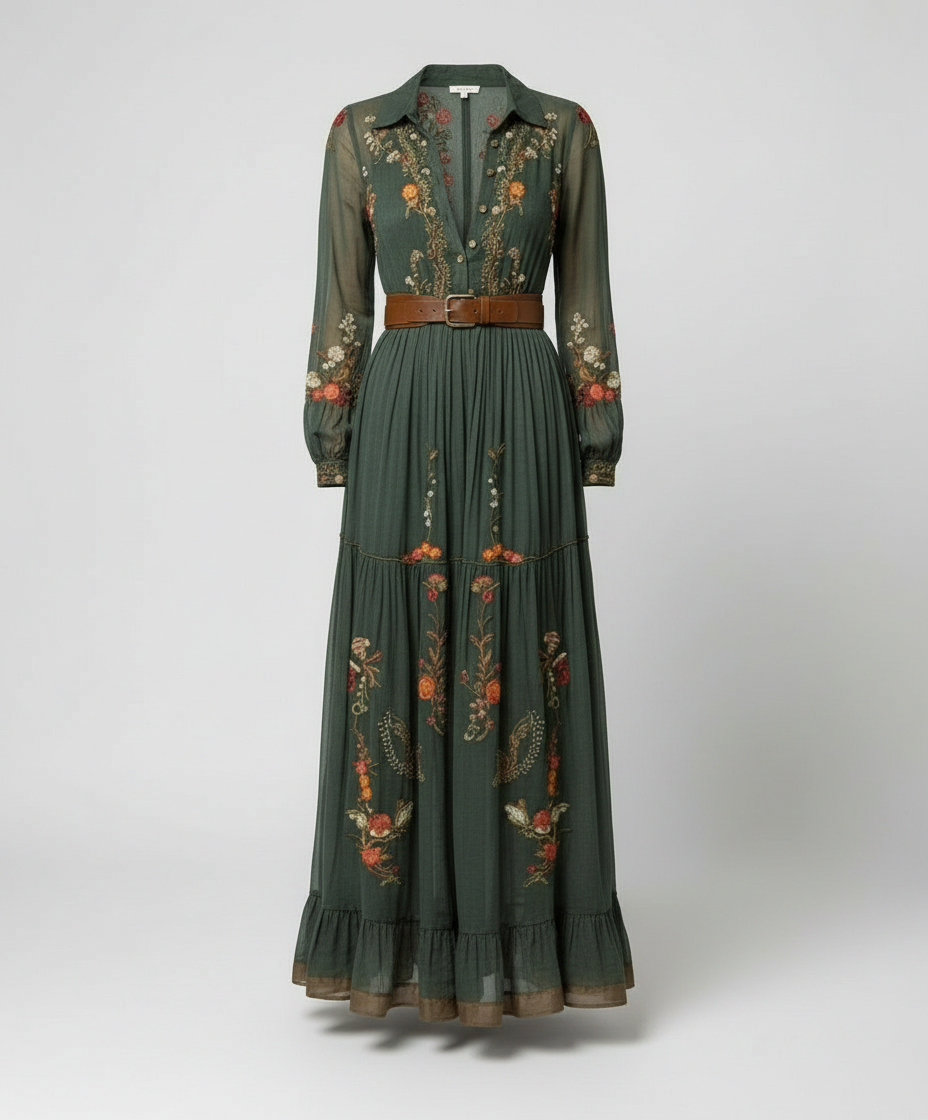 Women's Maxi Dress with Long Sleeves, Deep V-Neck and Floral Embroidery