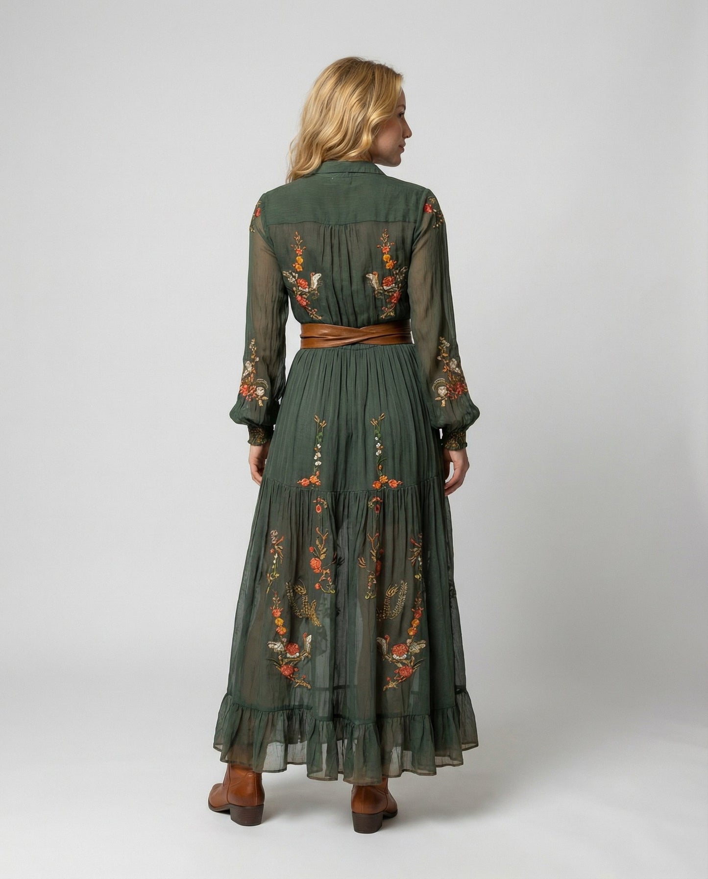 Women's Maxi Dress with Long Sleeves, Deep V-Neck and Floral Embroidery