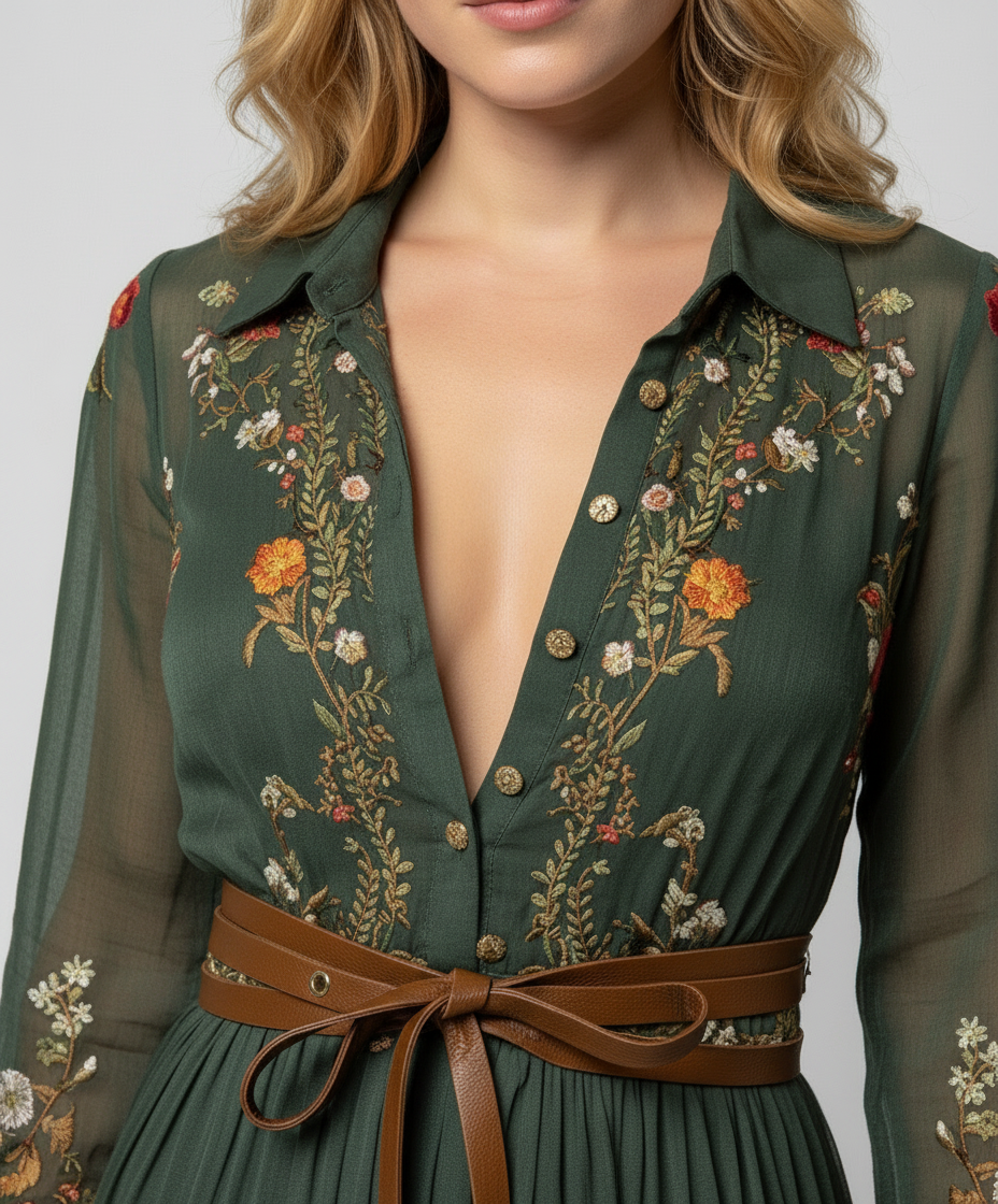 Women's Maxi Dress with Long Sleeves, Deep V-Neck and Floral Embroidery