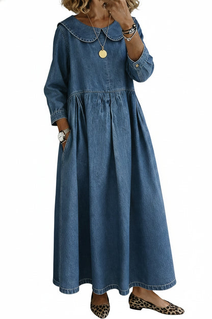 Women's Maxi Dress with Peter Pan Collar and Long Sleeves