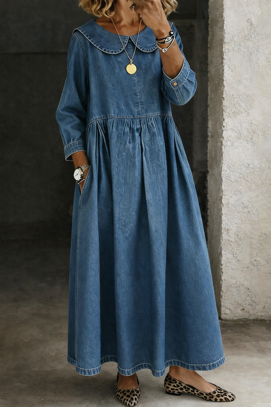 Women's Maxi Dress with Peter Pan Collar and Long Sleeves