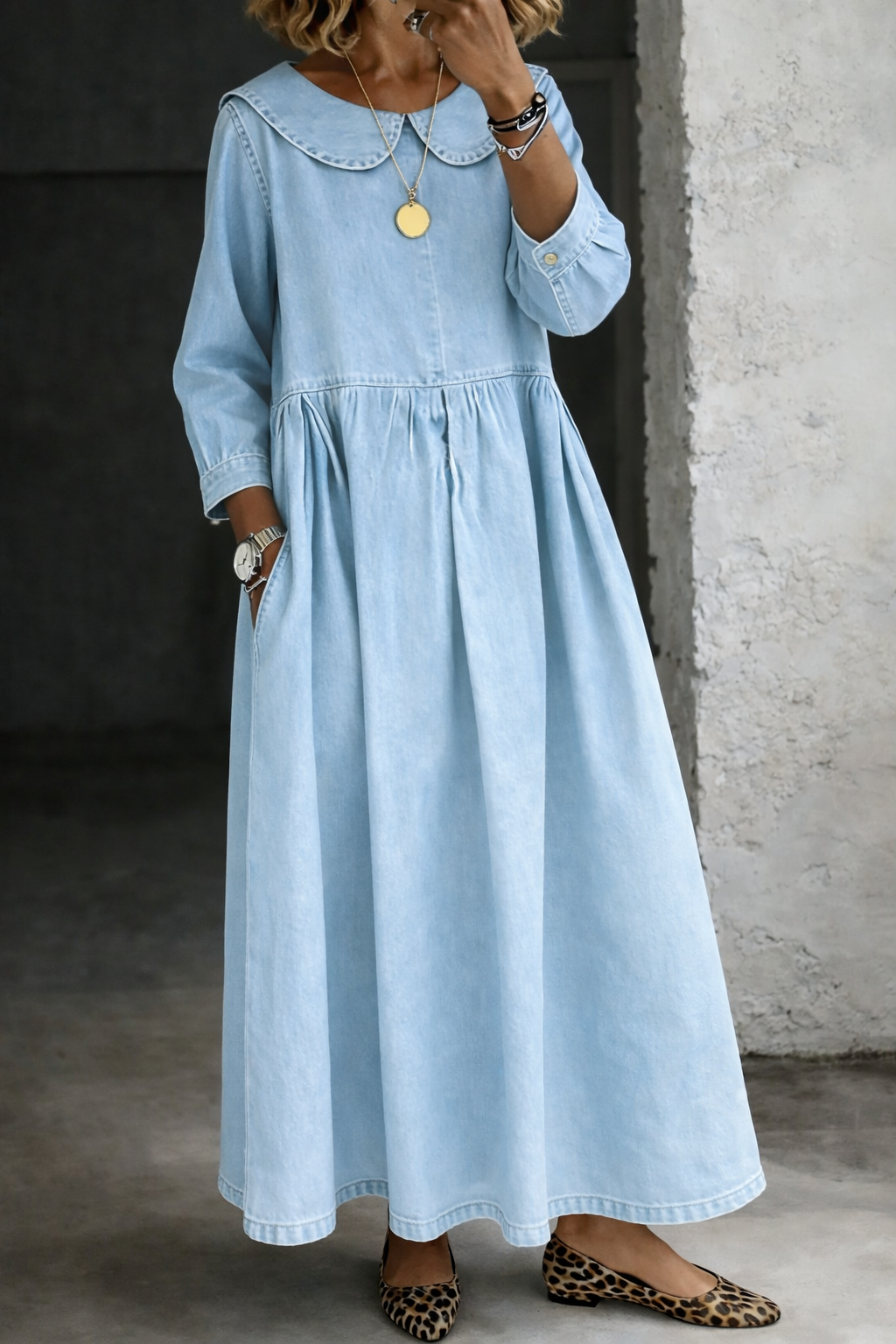 Women's Maxi Dress with Peter Pan Collar and Long Sleeves