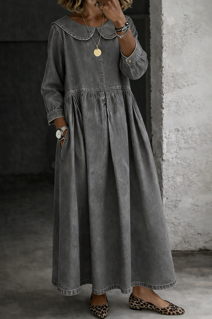 Women's Maxi Dress with Peter Pan Collar and Long Sleeves