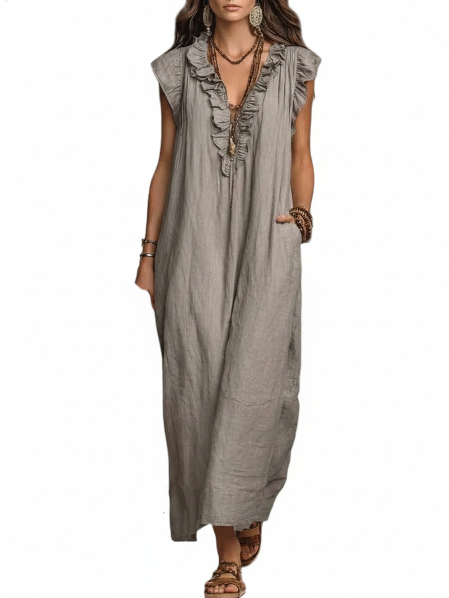 Women's Maxi Dress with Ruffle V-Neck and Flutter Cap Sleeves