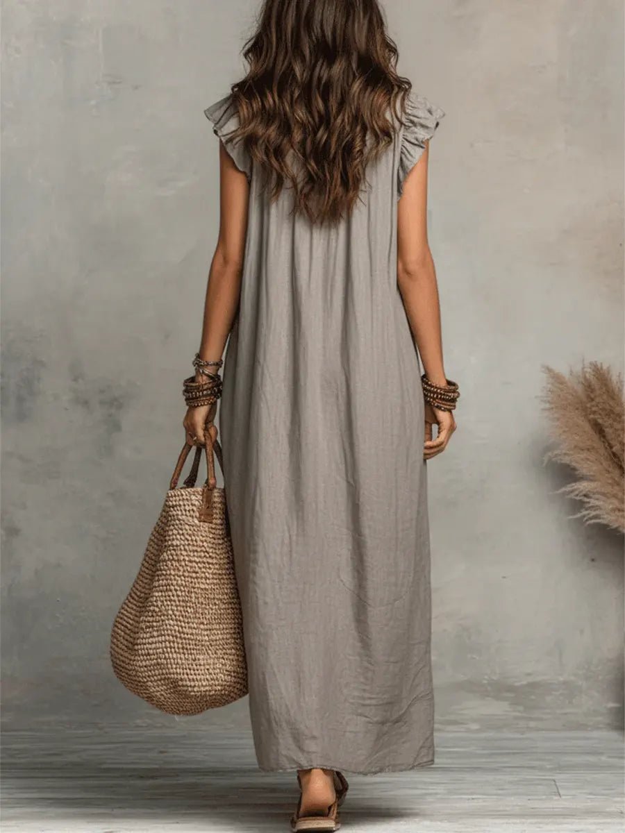 Women's Maxi Dress with Ruffle V-Neck and Flutter Cap Sleeves