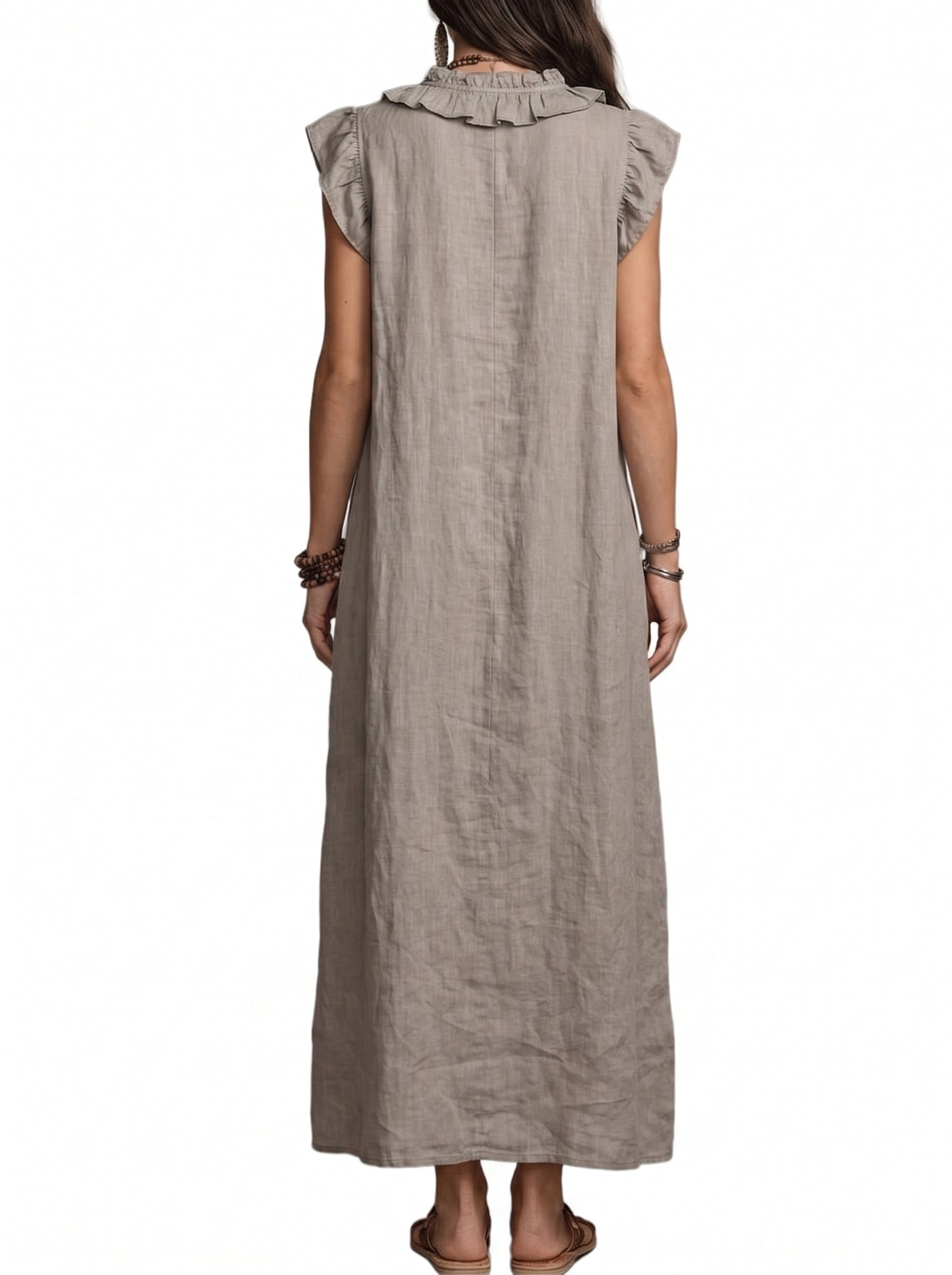 Women's Maxi Dress with Ruffle V-Neck and Flutter Cap Sleeves