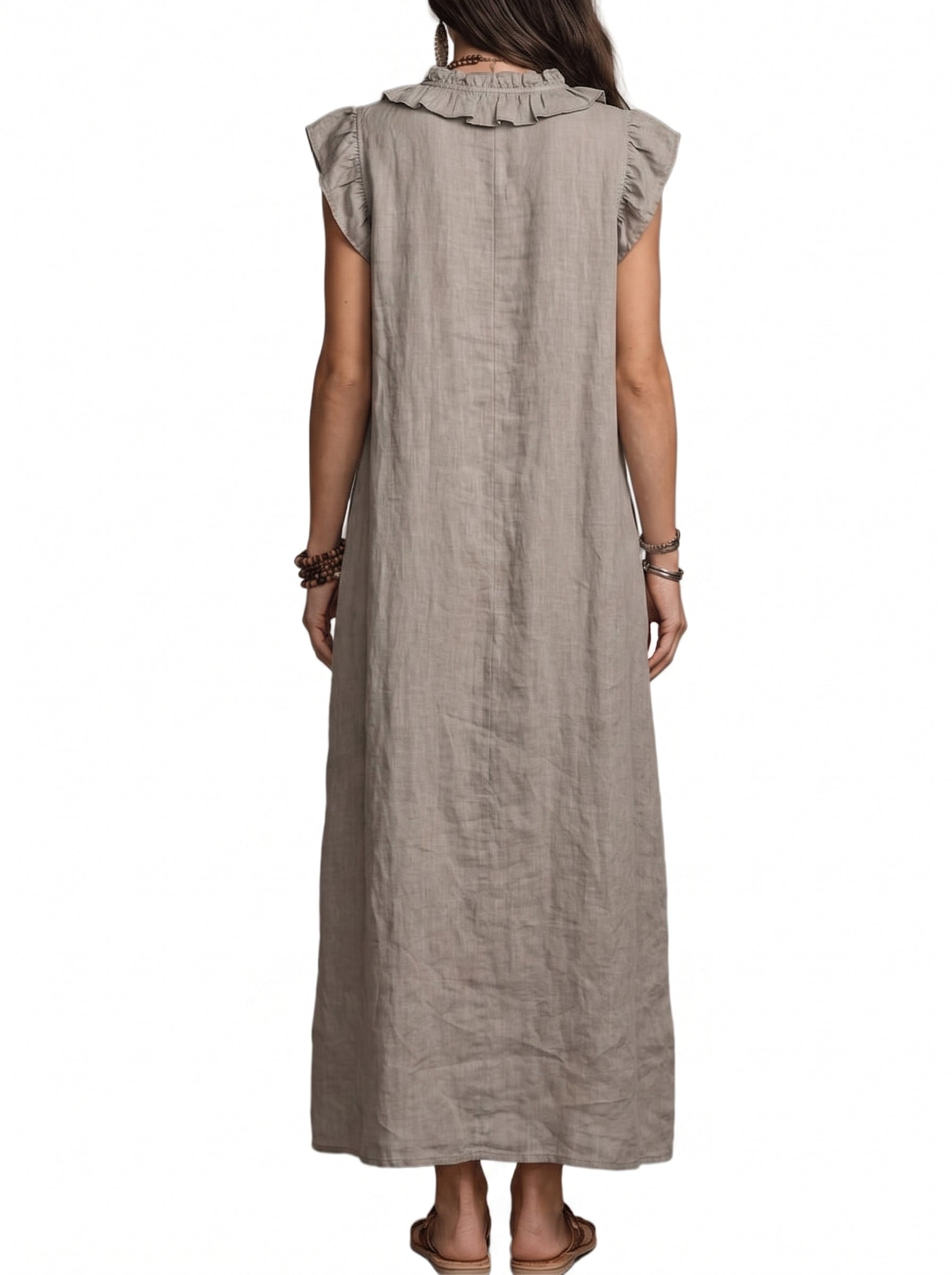 Women's Maxi Dress with Ruffle V-Neck and Flutter Cap Sleeves