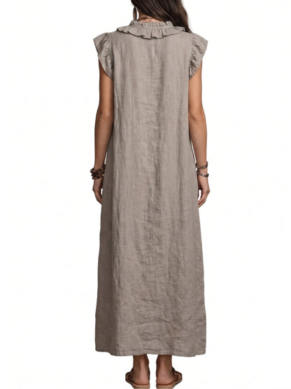 Women's Maxi Dress with Ruffle V-Neck and Flutter Cap Sleeves