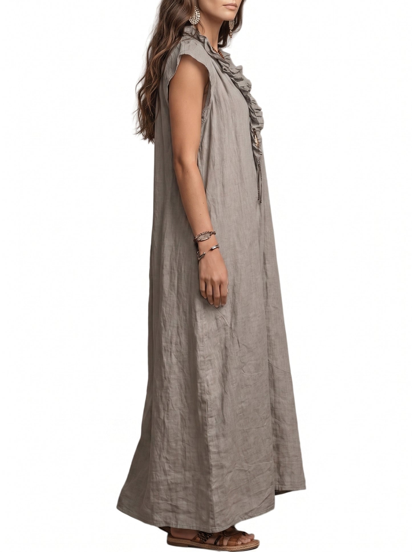 Women's Maxi Dress with Ruffle V-Neck and Flutter Cap Sleeves