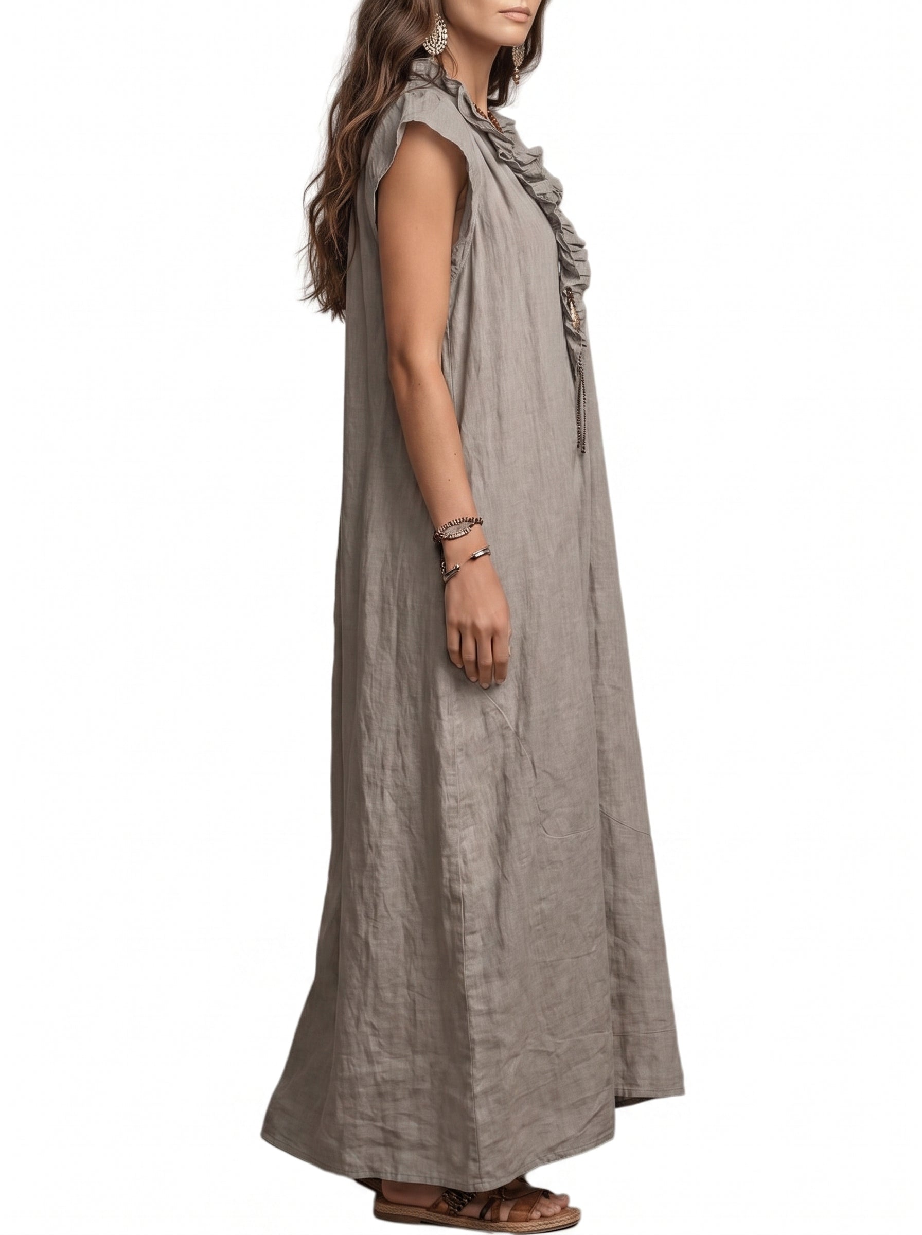 Women's Maxi Dress with Ruffle V-Neck and Flutter Cap Sleeves