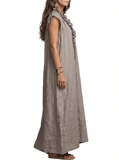 Women's Maxi Dress with Ruffle V-Neck and Flutter Cap Sleeves