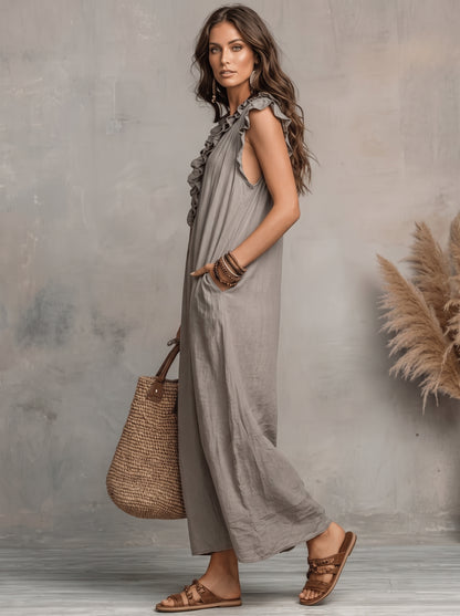 Women's Maxi Dress with Ruffle V-Neck and Flutter Cap Sleeves