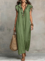 Women's Maxi Dress with Ruffle V-Neck and Flutter Cap Sleeves