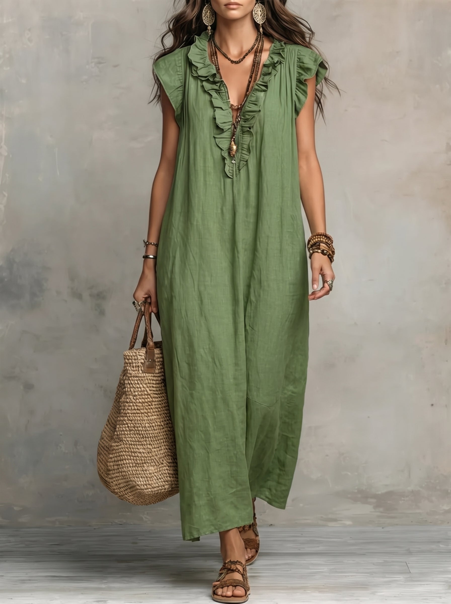 Women's Maxi Dress with Ruffle V-Neck and Flutter Cap Sleeves
