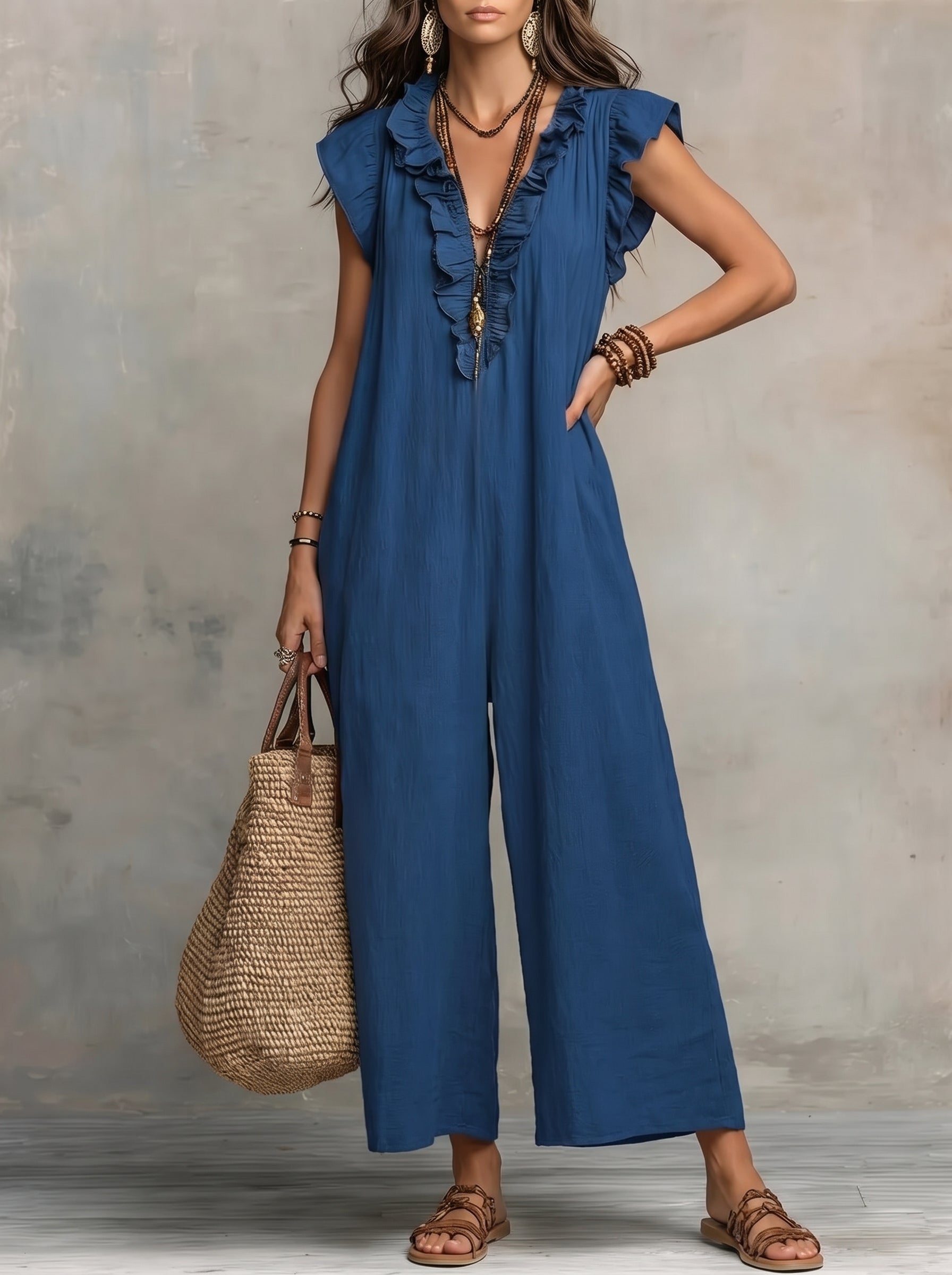 Women's Maxi Dress with Ruffle V-Neck and Flutter Cap Sleeves