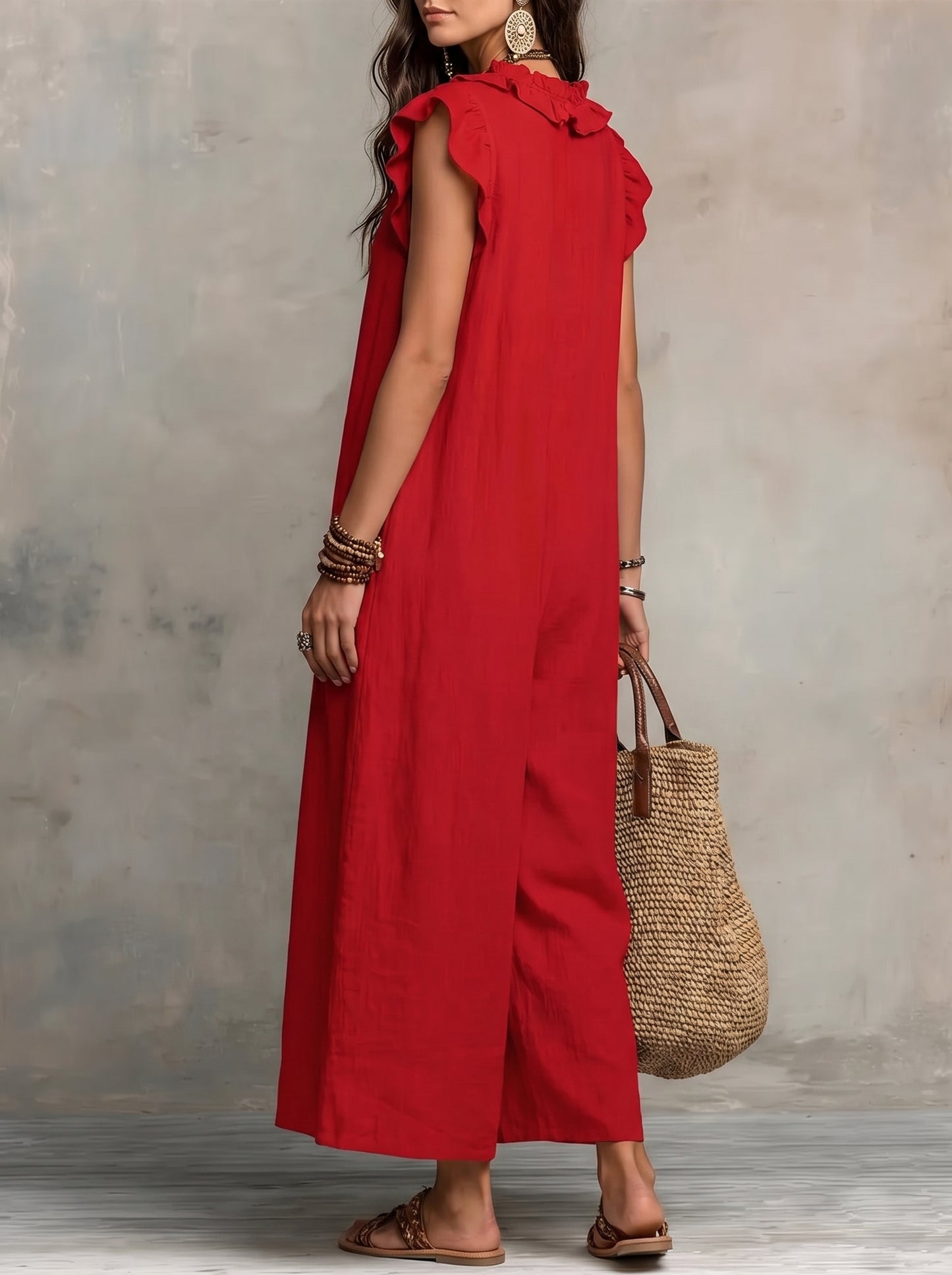 Women's Maxi Dress with Ruffle V-Neck and Flutter Cap Sleeves
