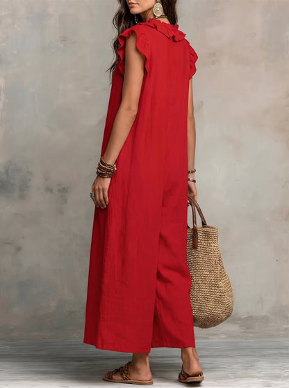 Women's Maxi Dress with Ruffle V-Neck and Flutter Cap Sleeves