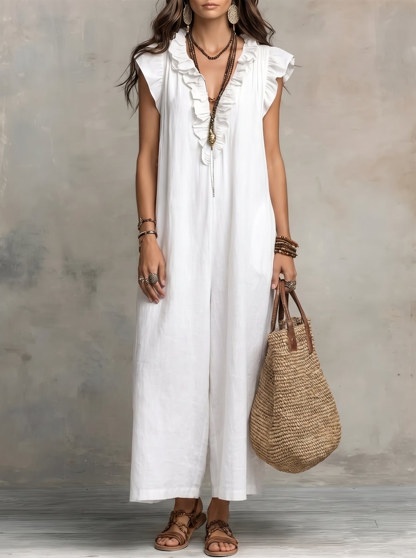Women's Maxi Dress with Ruffle V-Neck and Flutter Cap Sleeves