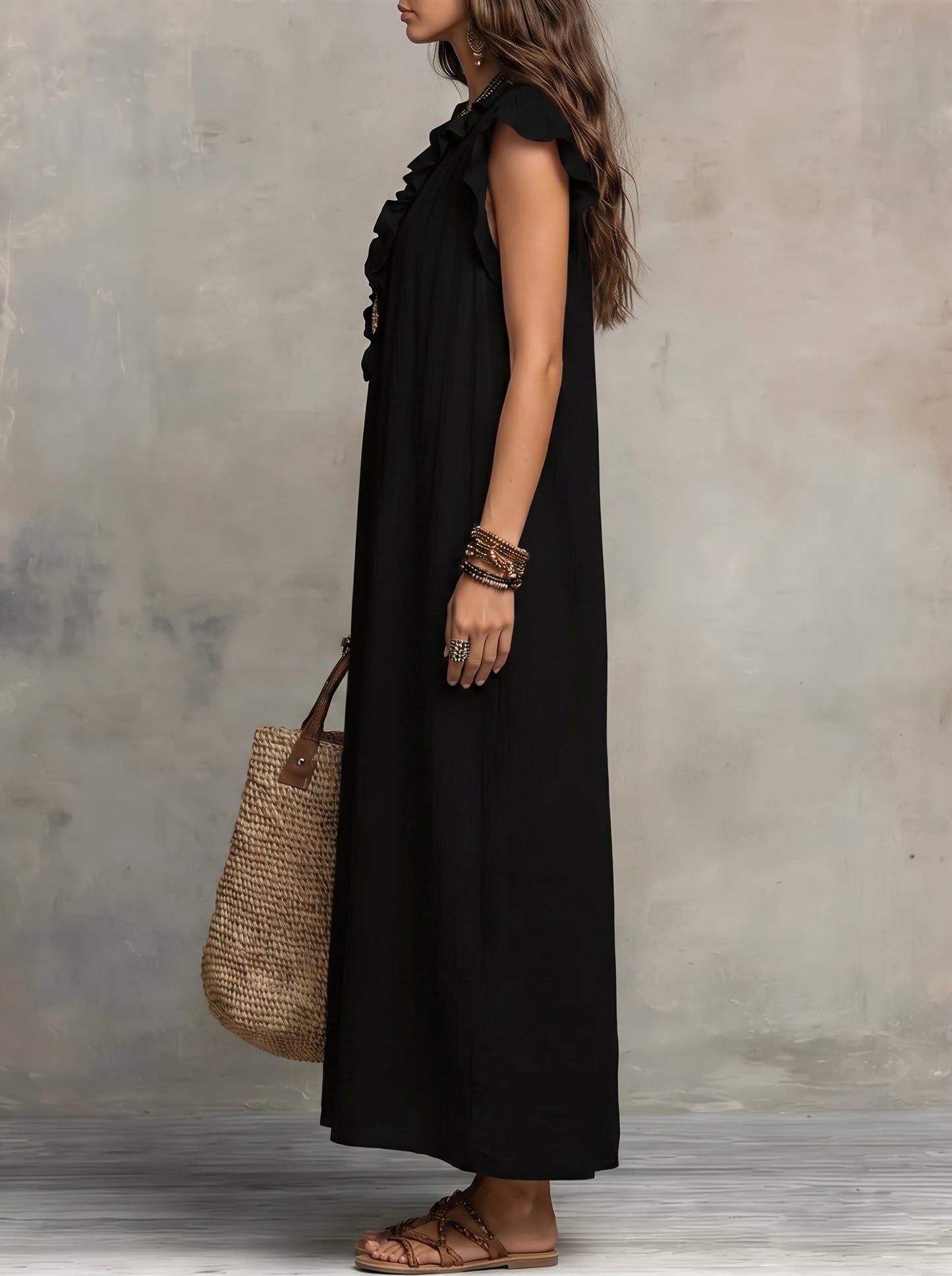 Women's Maxi Dress with Ruffle V-Neck and Flutter Cap Sleeves