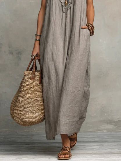 Women's Maxi Dress with Ruffle V-Neck and Flutter Cap Sleeves