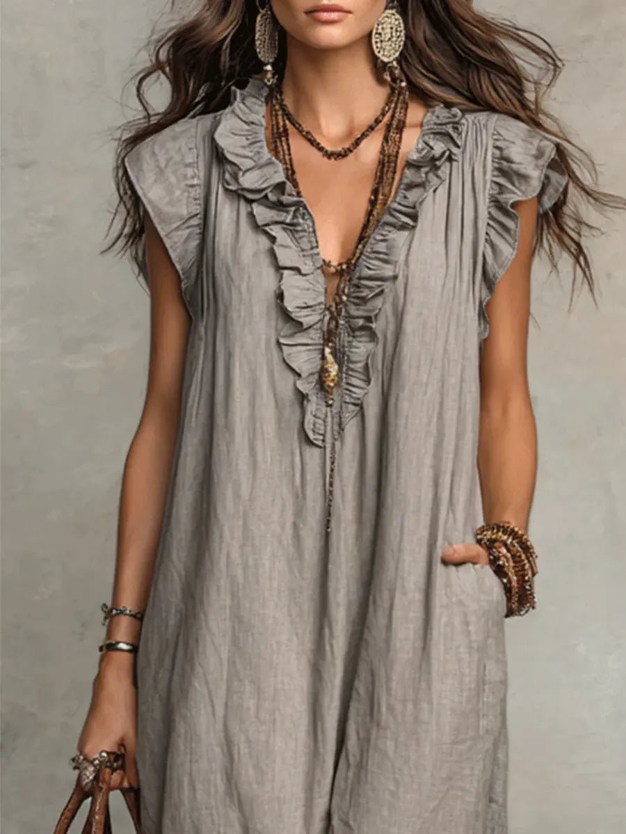 Women's Maxi Dress with Ruffle V-Neck and Flutter Cap Sleeves