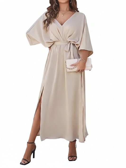 Women's Maxi Dress with V-Neck, Batwing Sleeves, Tie Waist and Side Slit