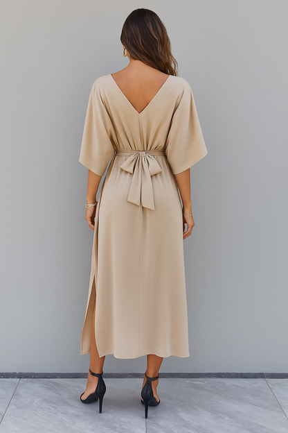 Women's Maxi Dress with V-Neck, Batwing Sleeves, Tie Waist and Side Slit