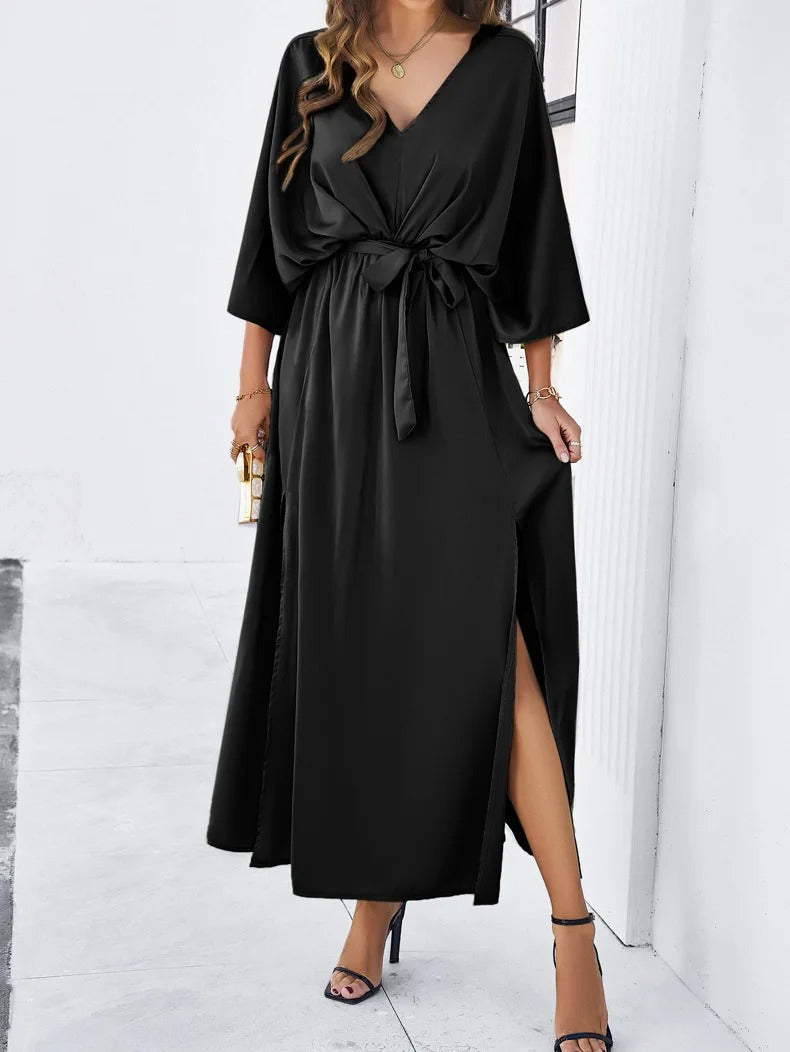Women's Maxi Dress with V-Neck, Batwing Sleeves, Tie Waist and Side Slit