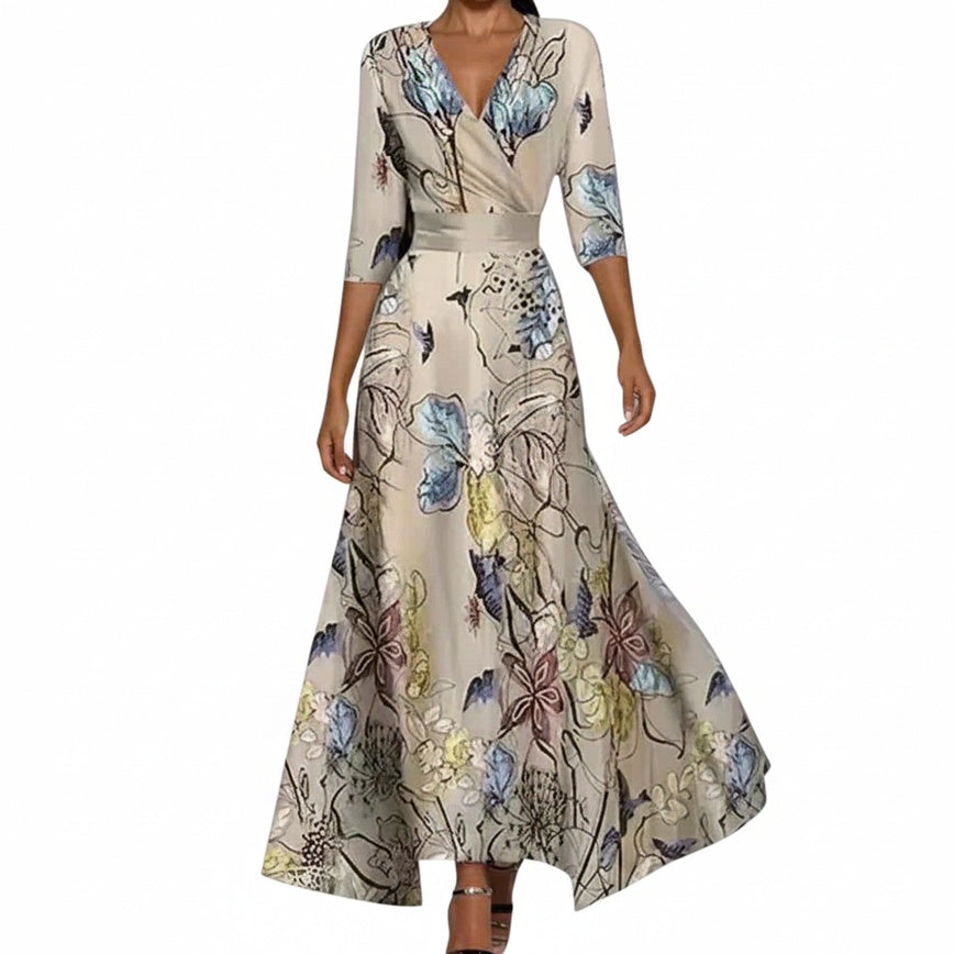 Women's Maxi Dress with V-Neck, Three-Quarter Sleeves and A-Line Skirt