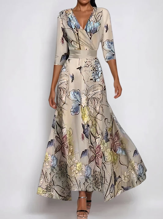 Women's Maxi Dress with V-Neck, Three-Quarter Sleeves and A-Line Skirt