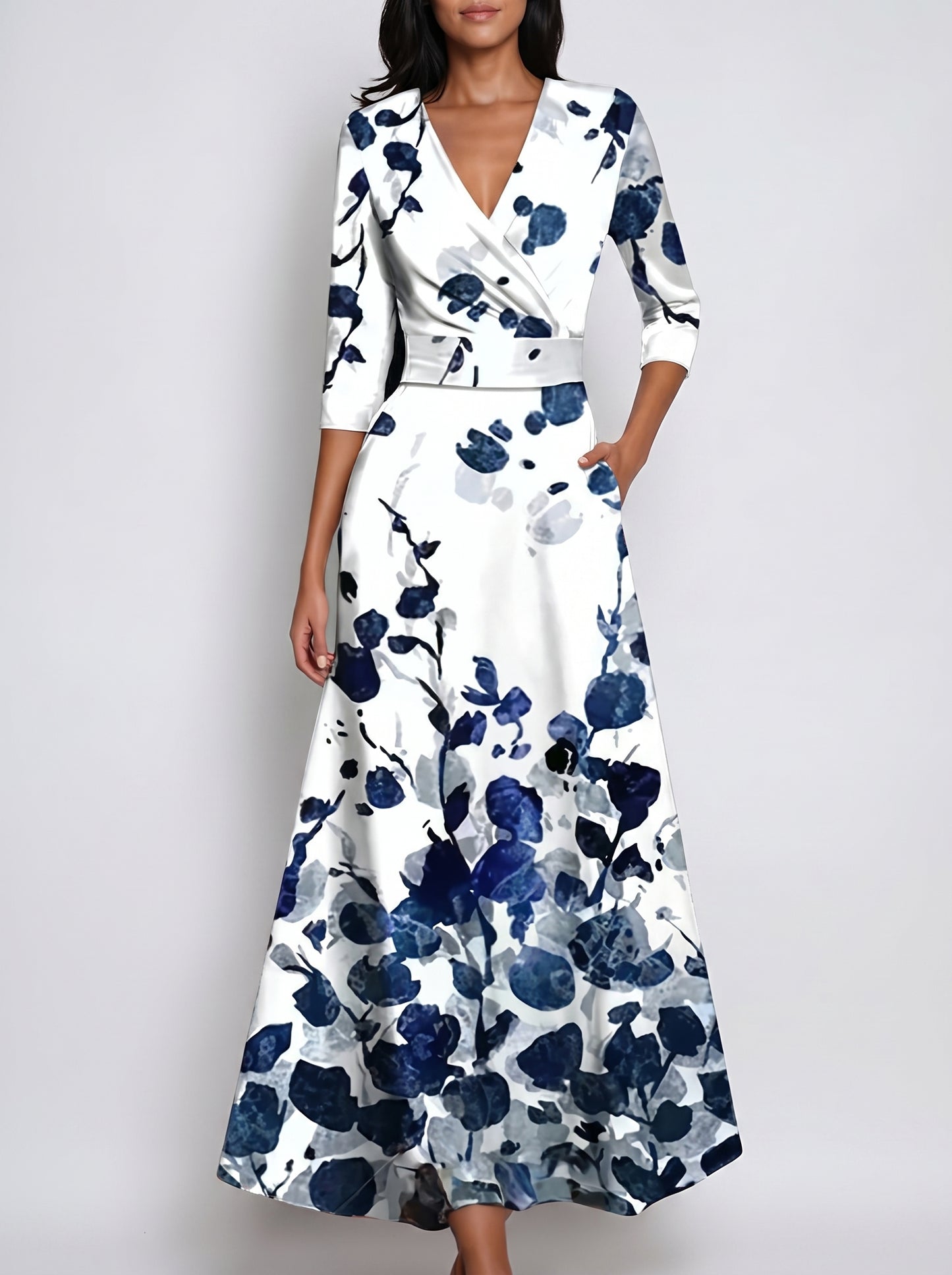 Women's Maxi Dress with V-Neck, Three-Quarter Sleeves and A-Line Skirt