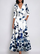 Women's Maxi Dress with V-Neck, Three-Quarter Sleeves and A-Line Skirt