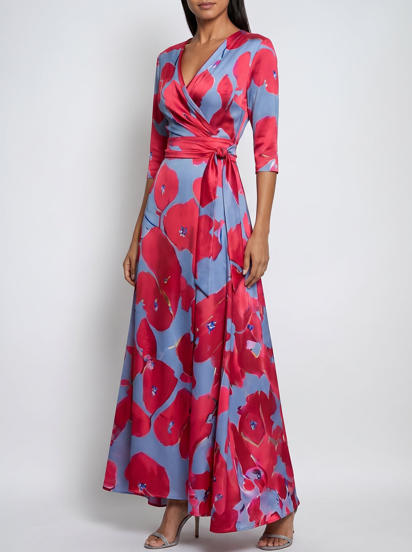 Women's Maxi Dress with V-Neck, Three-Quarter Sleeves and A-Line Skirt