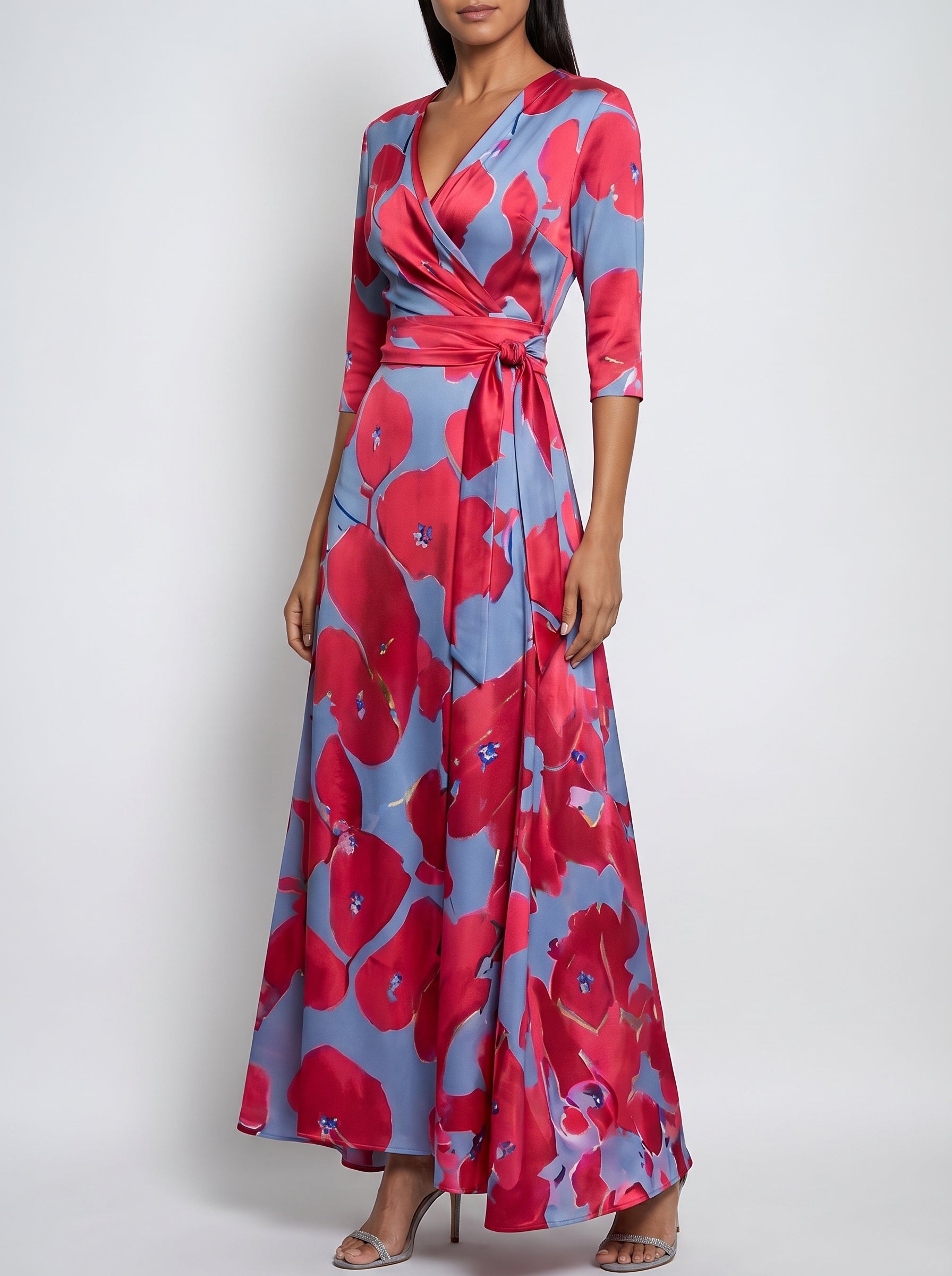 Women's Maxi Dress with V-Neck, Three-Quarter Sleeves and A-Line Skirt