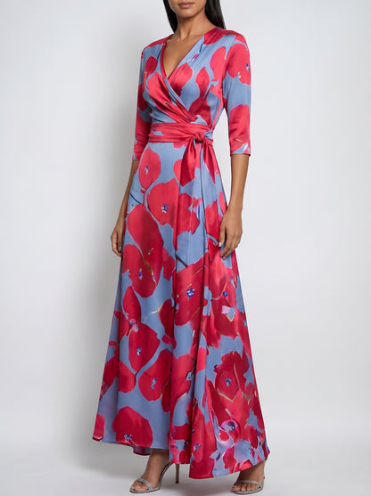 Women's Maxi Dress with V-Neck, Three-Quarter Sleeves and A-Line Skirt