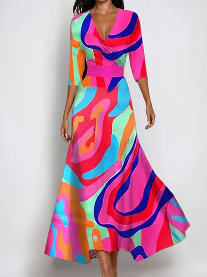 Women's Maxi Dress with V-Neck, Three-Quarter Sleeves and A-Line Skirt