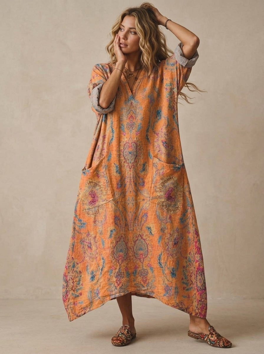 Women's Maxi Dress with V-Neck, Three-Quarter Sleeves and Side Pockets